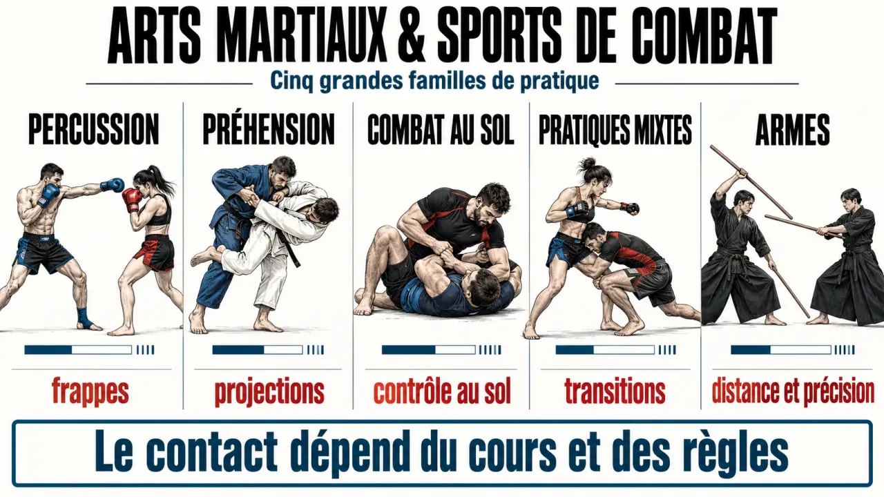 Infographie comparative des arts martiaux sport par techniques et niveau de contact