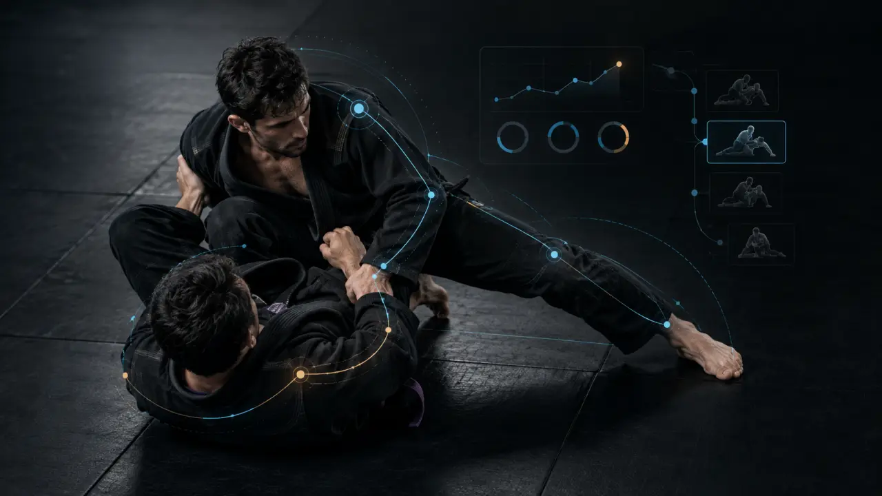 Interface GrapplingZone analysant une vidéo de sparring de jiu-jitsu brésilien avec des statistiques