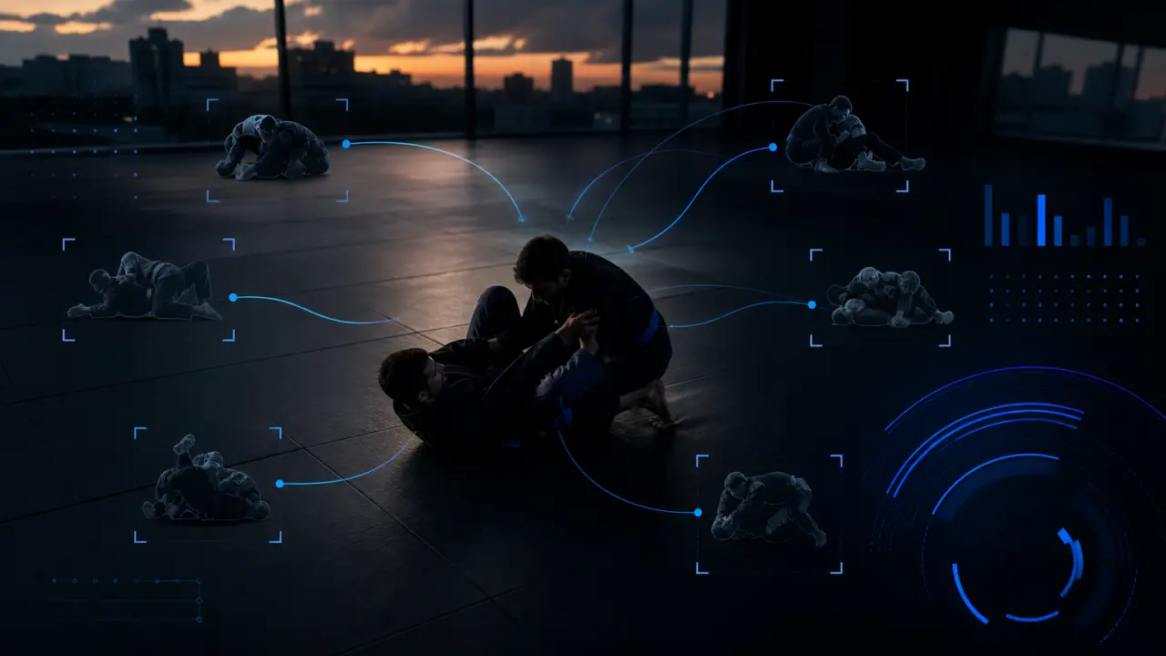 Interface GrapplingZone affichant des statistiques de sparring, des flowcharts et des vidéos de techniques de JJB