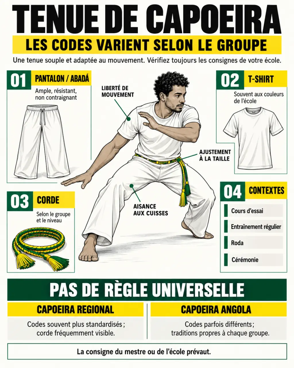 Infographie sur la capoeira tenue selon le groupe et l’occasion