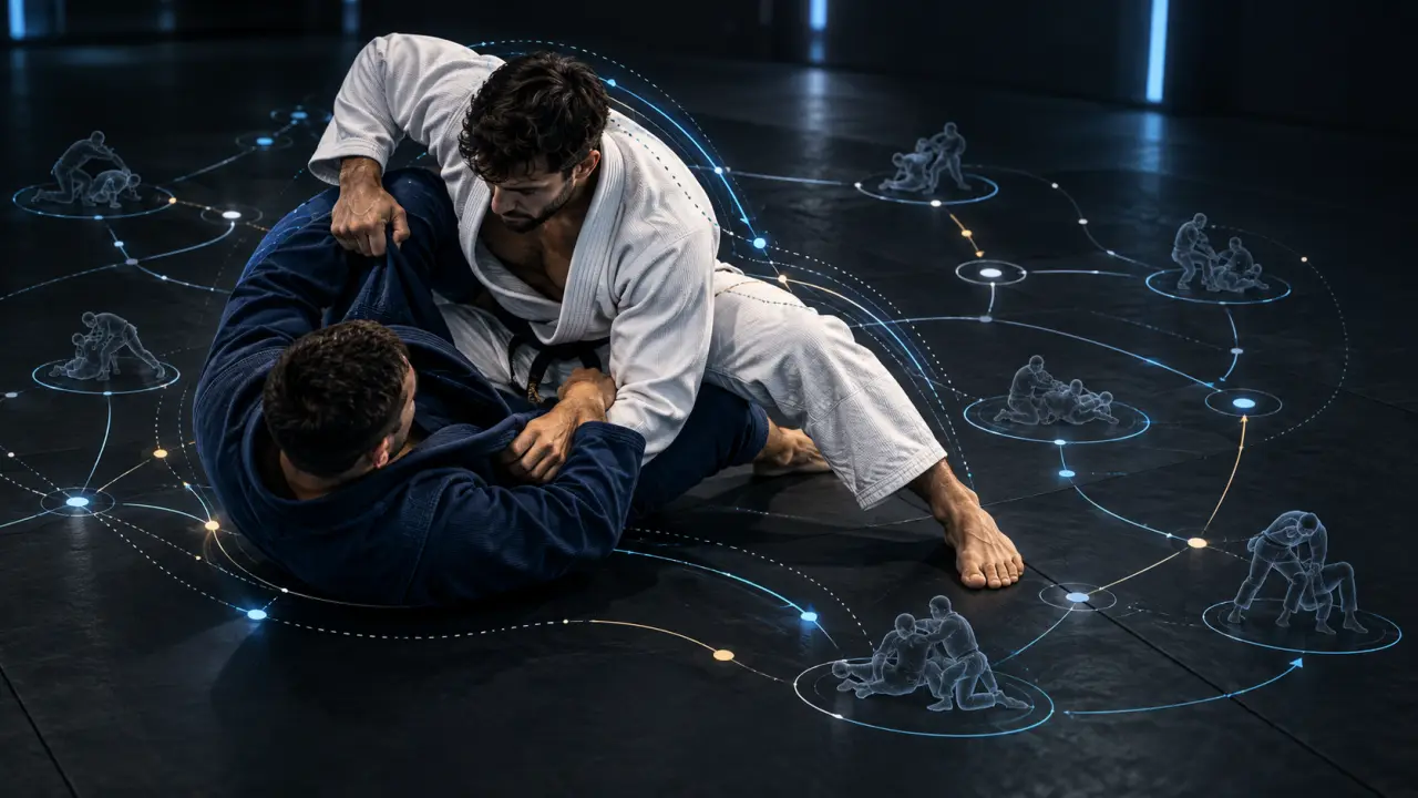 Interface GrapplingZone présentant un flowchart de jiu-jitsu brésilien et des statistiques d'entraînement