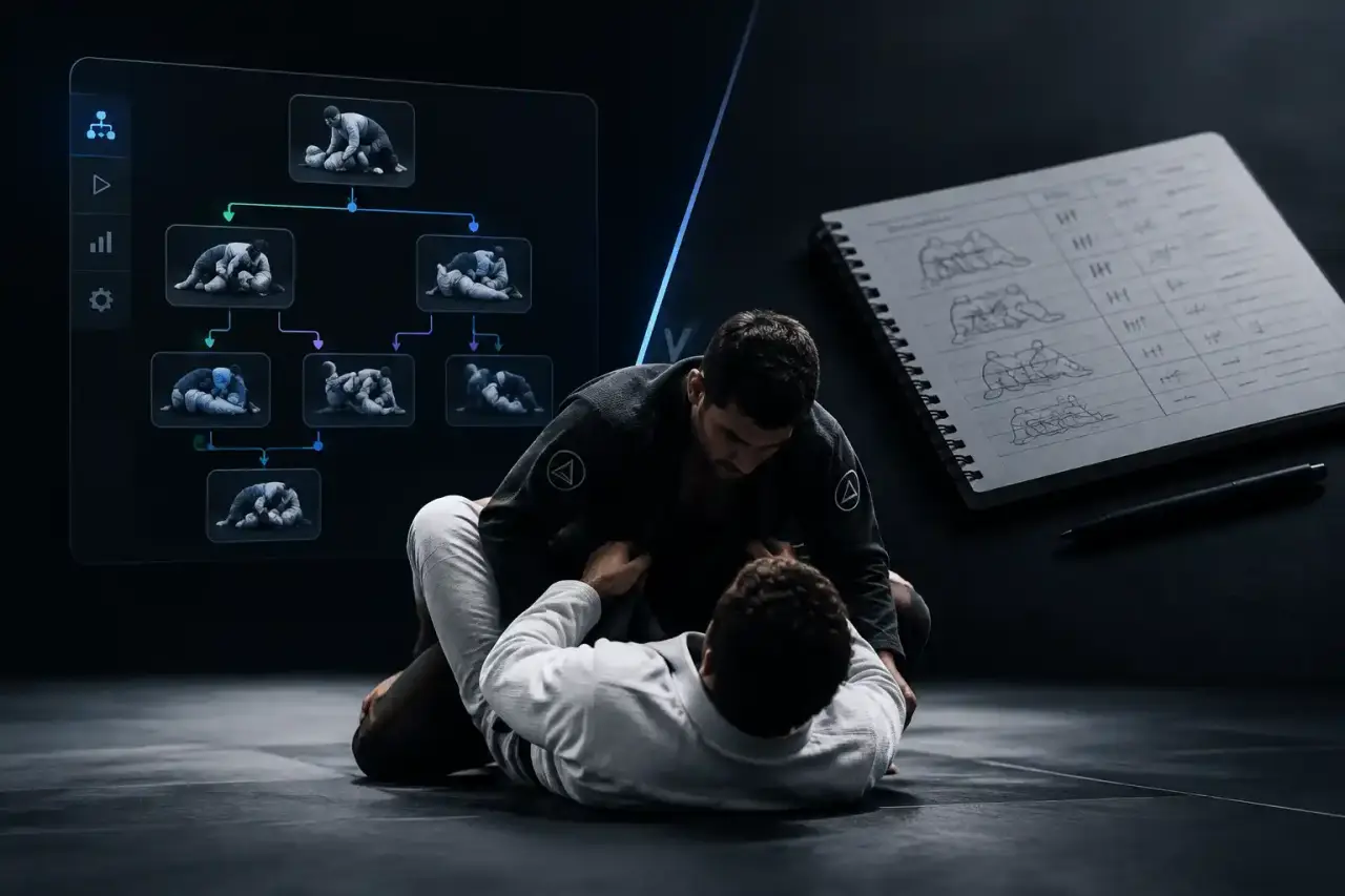 Visualisation d'un arbre de décision technique en grappling et carnet de notes d'entraînement