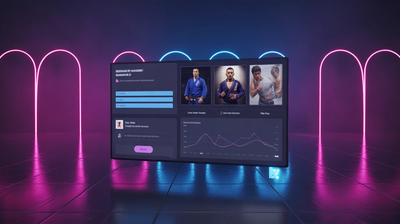 Interface 3D GrapplingZone montrant des statistiques de combat et une grille bento