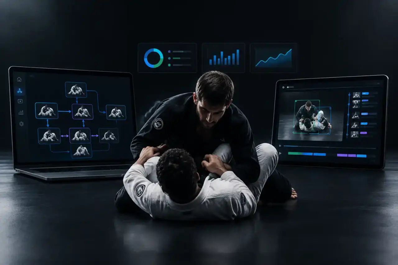 Interface GrapplingZone affichant un flowchart et des statistiques d'analyse de JJB