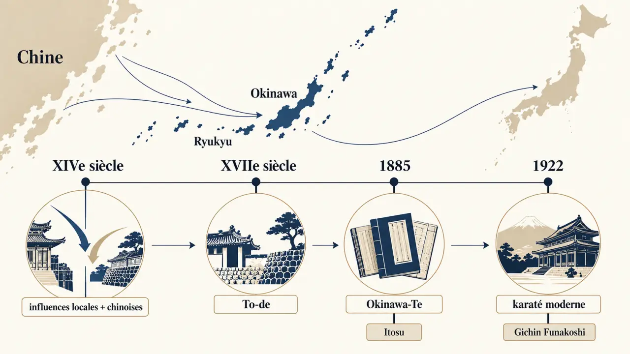 Frise illustrant l’origine du karaté à Okinawa, les influences chinoises et la diffusion par Gichin Funakoshi